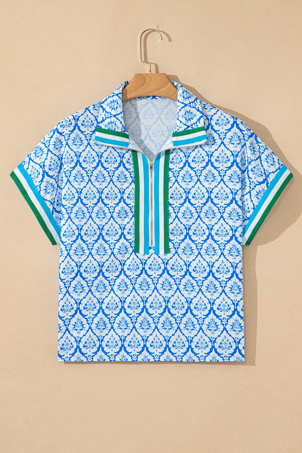 Pink Western Print Zipped Collar Short Sleeve Summer Blouse Top