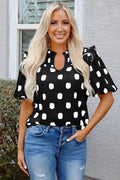 Rose Polka Dot Print Shirred Yoke Notched Neck Balloon Sleeve Blouse