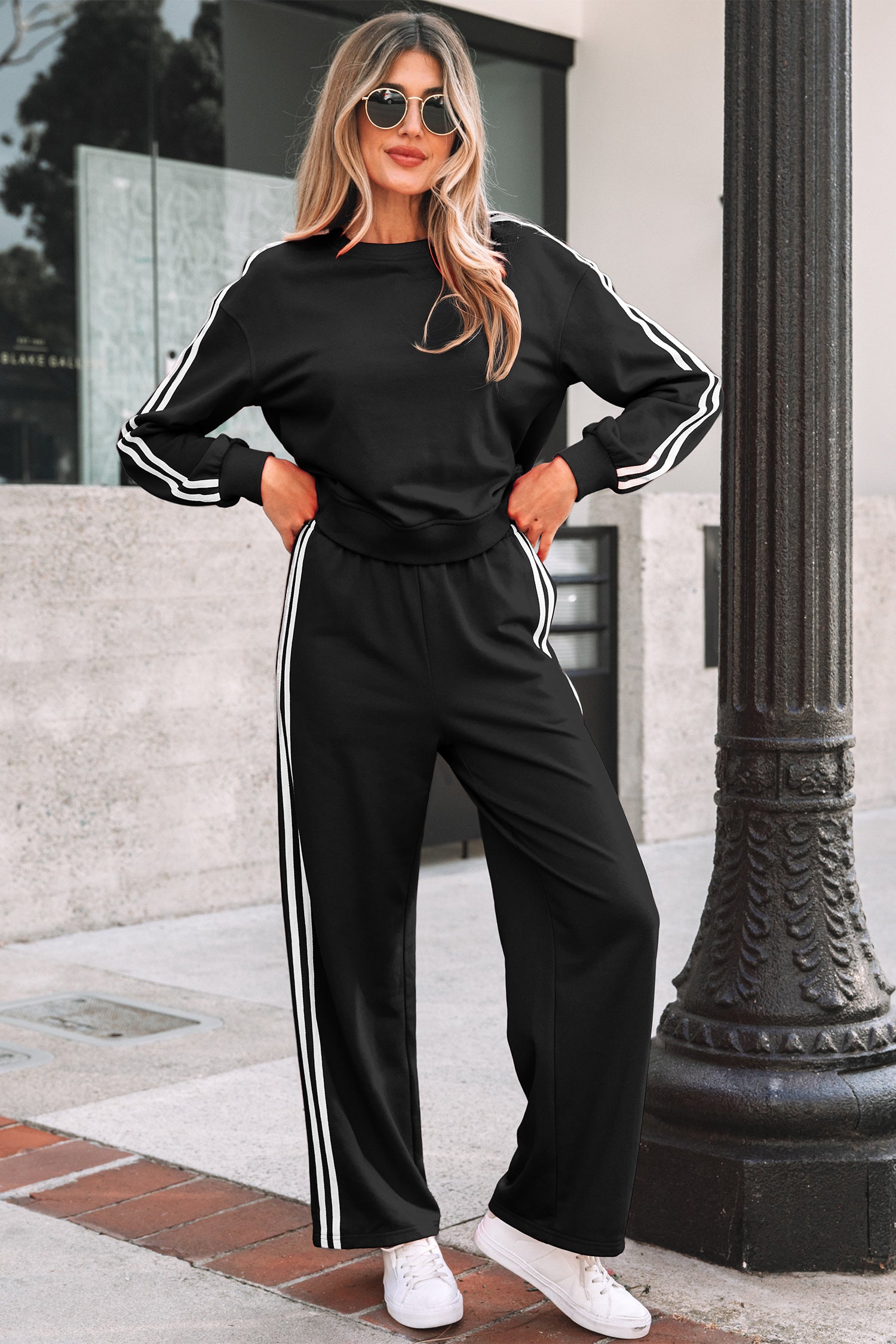 Fiery Red Varsity Striped Detail Crewneck Pullover Elastic Sweatpants 2pcs Outfit