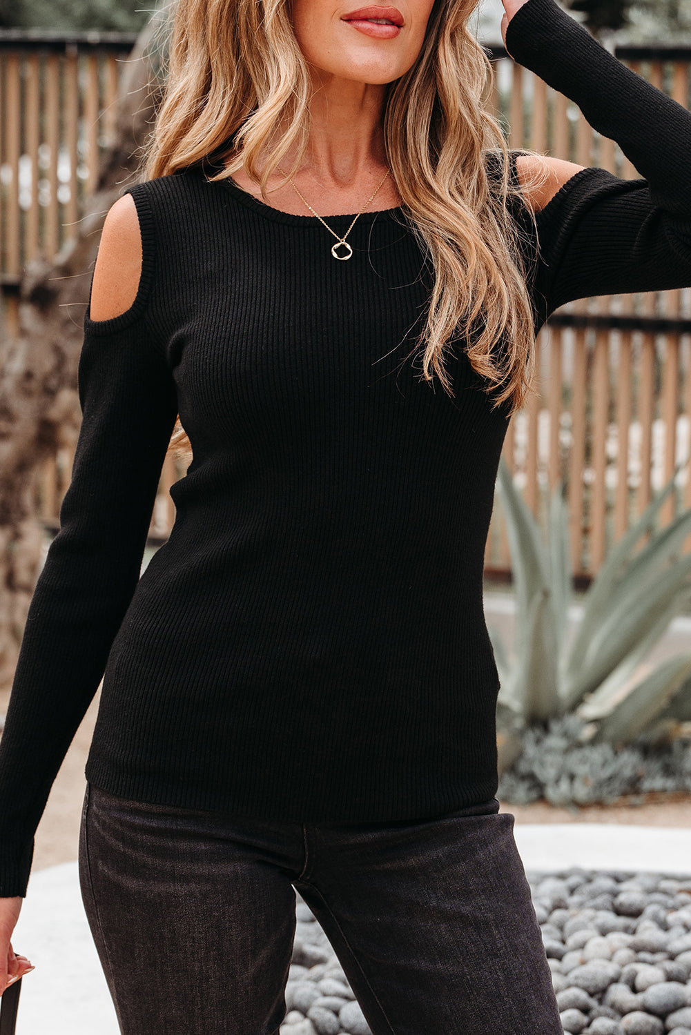 Black Ribbed Knit Cold Shoulder Sweater