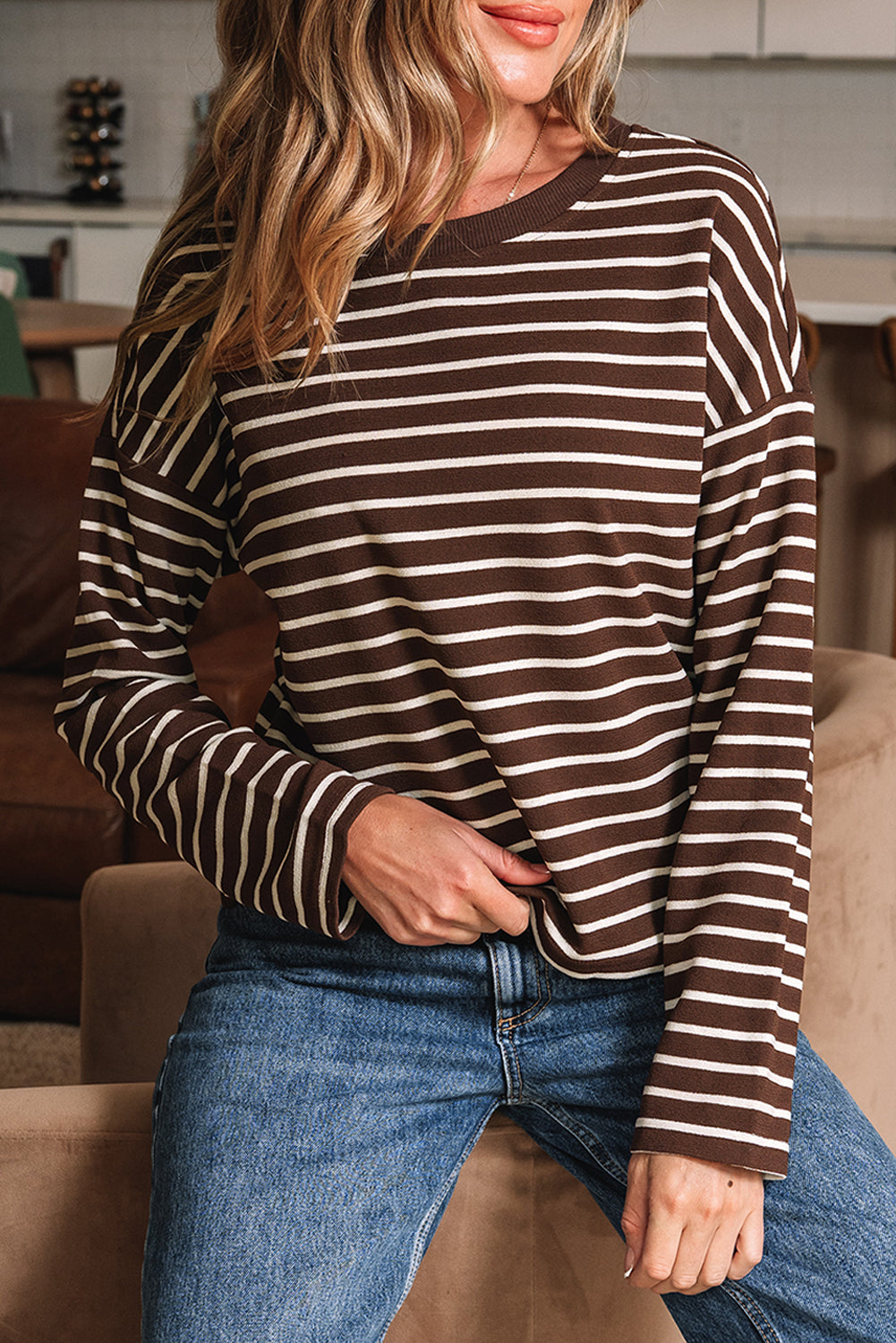Brown Stripe Ribbed Cropped Crew Neck Long Sleeve T Shirt