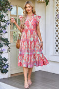 Rose Tribal Paisley Print Ruffled Sleeve Notch Neck Midi Dress