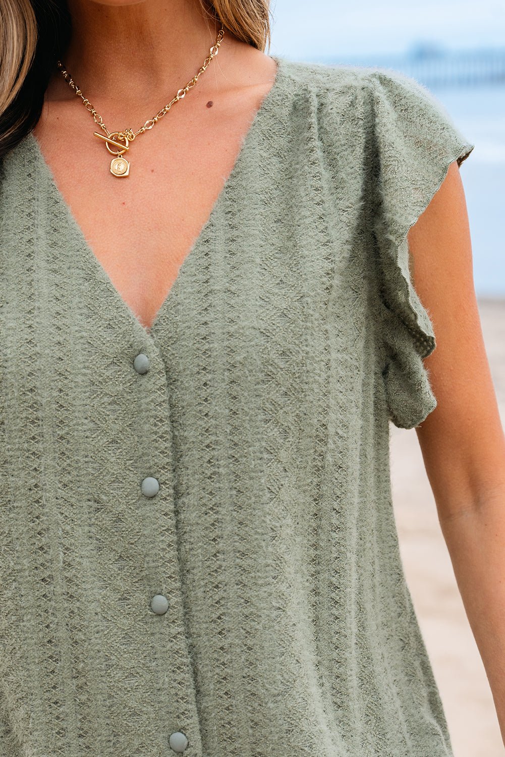 Laurel Green Flutter Sleeve Lace V Neck Shirt