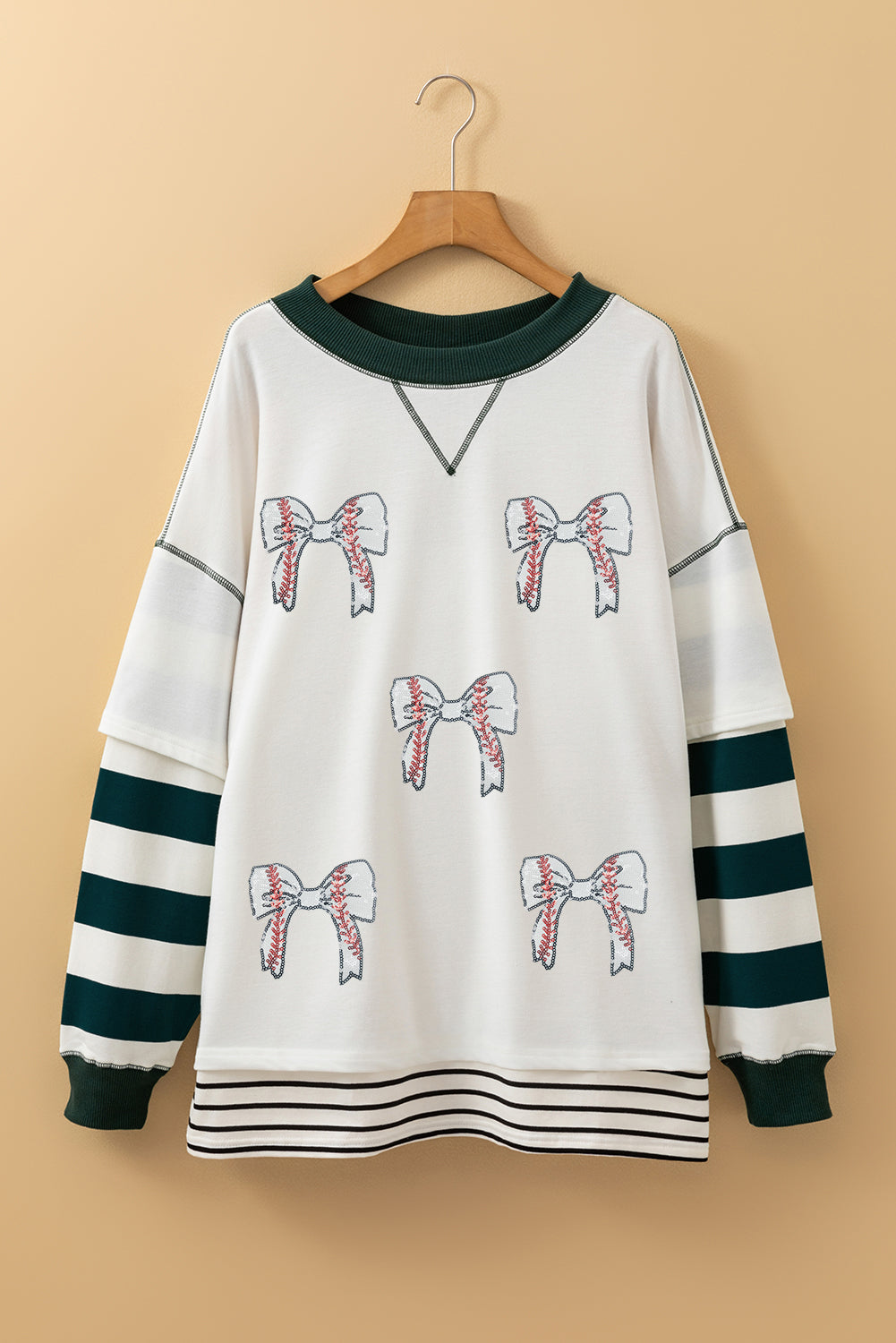White Stripe Bowknot Patched Pattern Contrast Stitching Pullover Trendy Sweatshirt