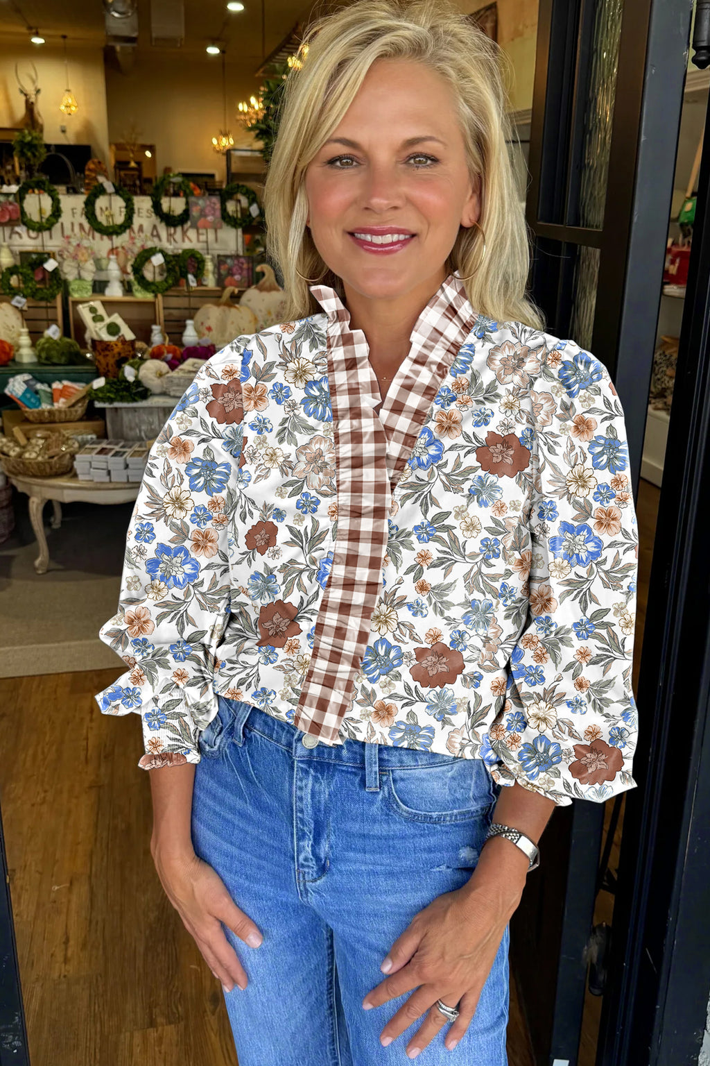 Brown Plaid Frilled Trim V Neck Floral Long Sleeve Blouse