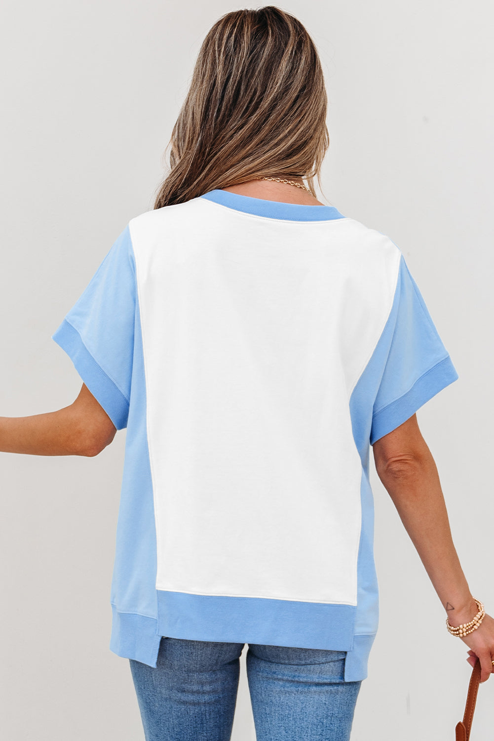 Light Green Color Block Exposed Seam Crew Neck T Shirt