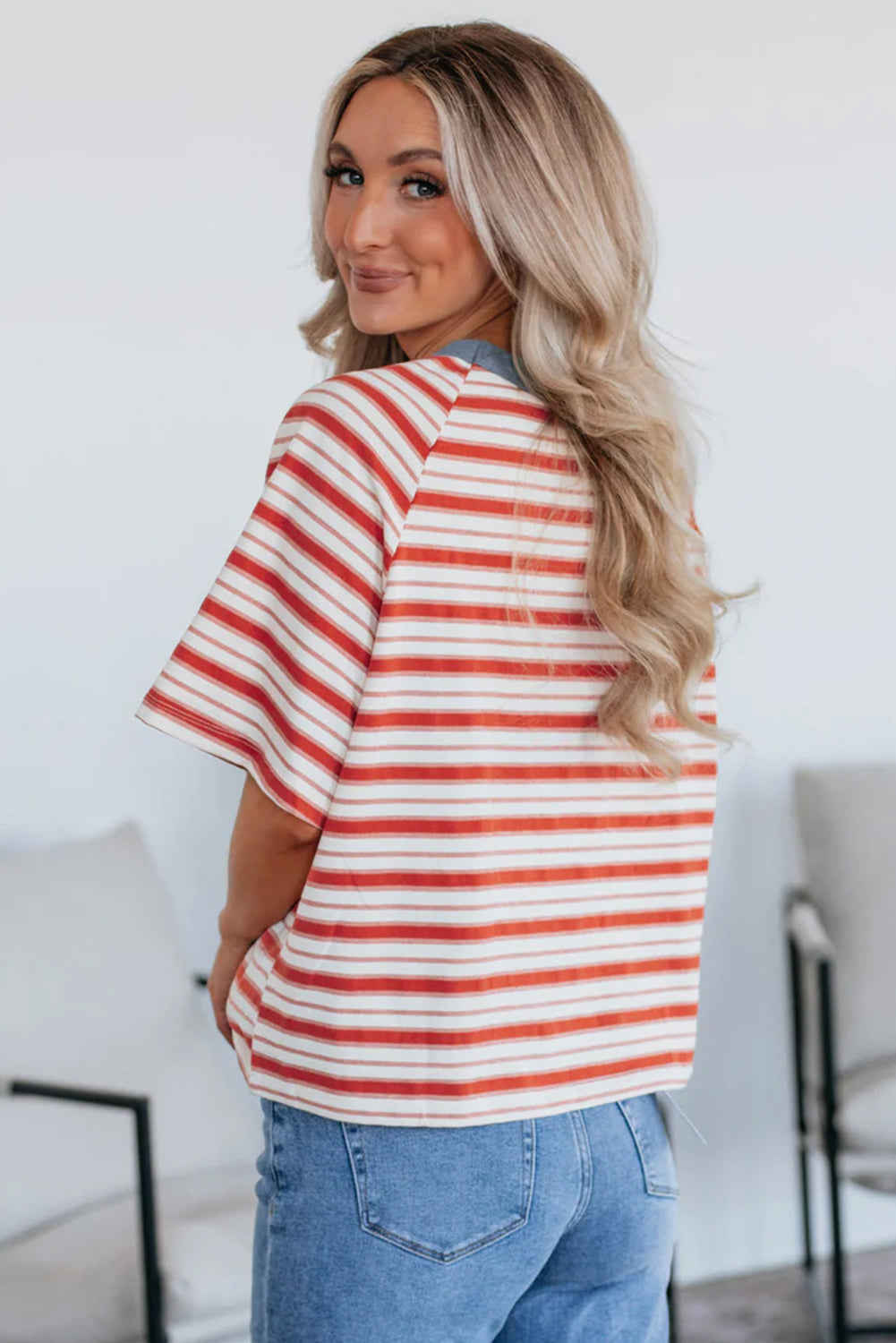 Tomato Red Stripe Print Contrast Collar Raglan Sleeve T Shirt
