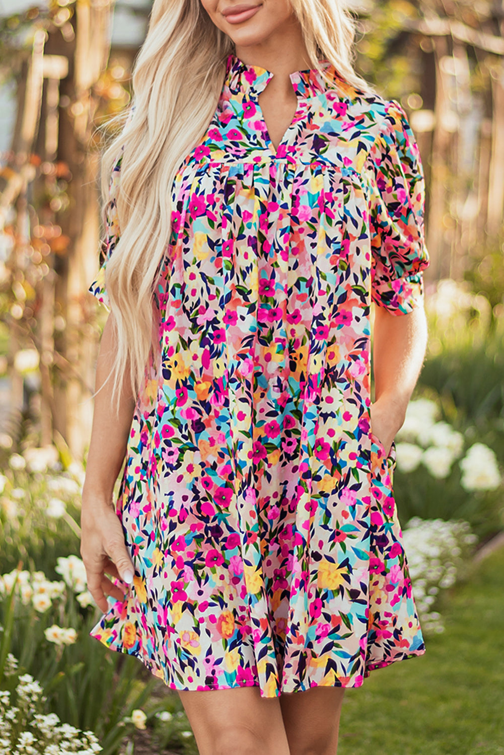 Pink Floral Puff Short Sleeve V Neck Mini Dress