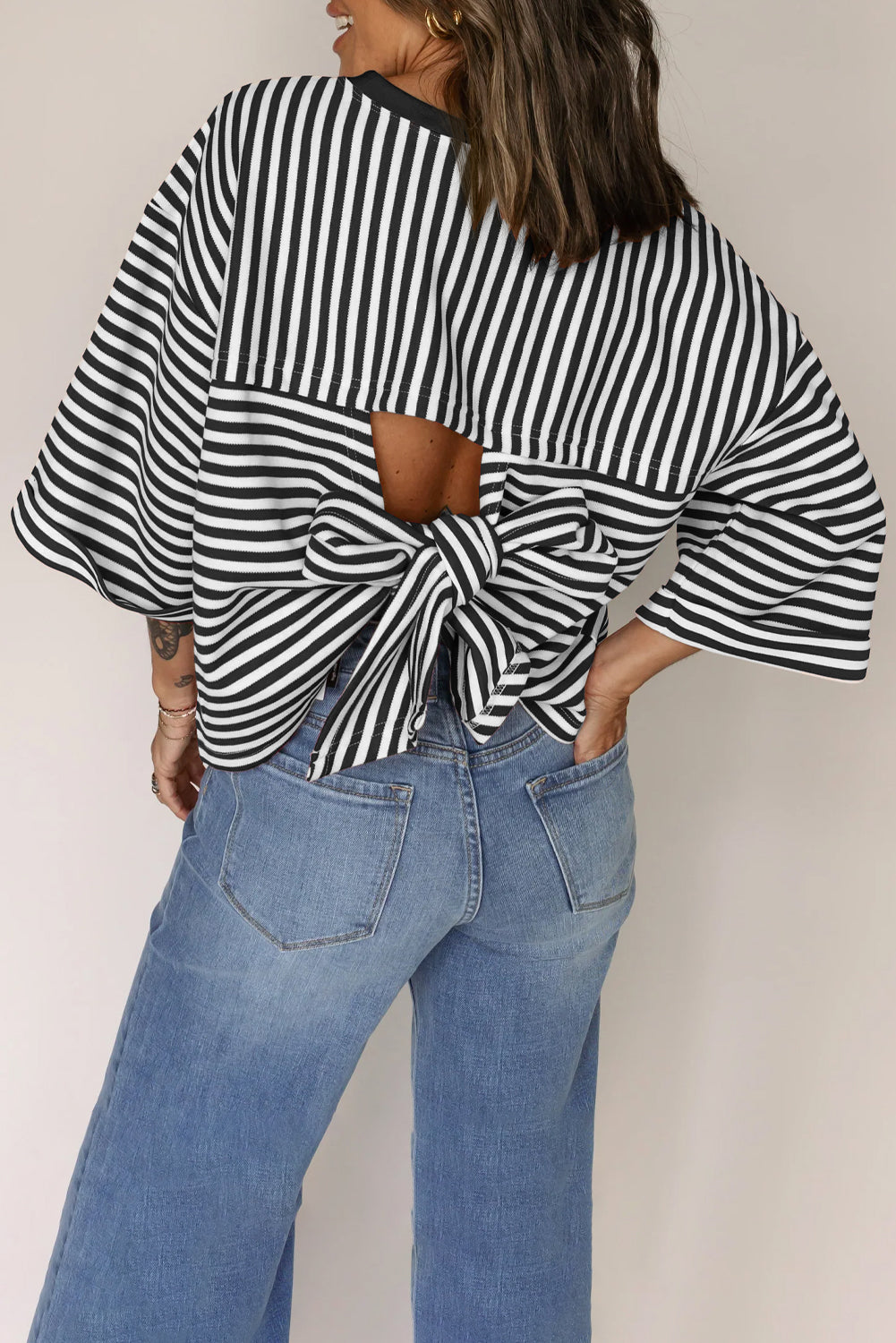 Black Stripe Bowknot Cutout Back Drop Shoulder Wide Bracelet Sleeve Loose Tee
